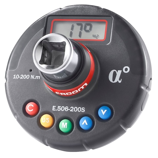 Facom E506-200S electronic torque angle meter with digital display and colored control buttons, top view.