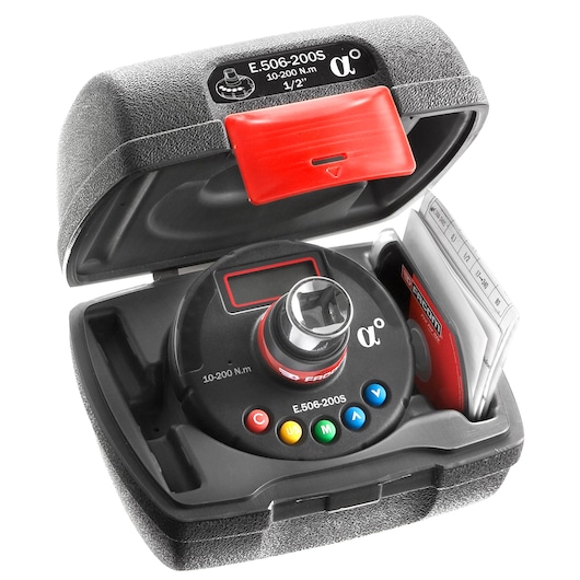 Facom E506-200S digital torque angle meter in a black hard case with red latch, shown with accessories, top view.