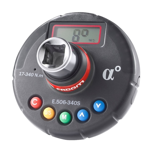 Facom E506-340S digital torque angle adapter, black, top view with display and colored buttons.