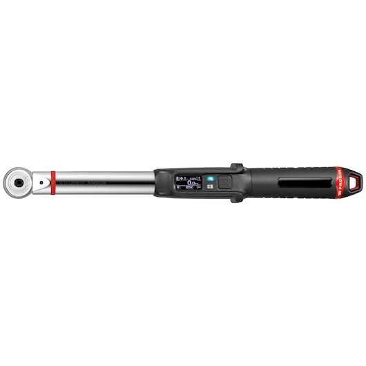Facom E_516ST-135PB digital torque wrench with LCD screen, black and silver, side angle photo.