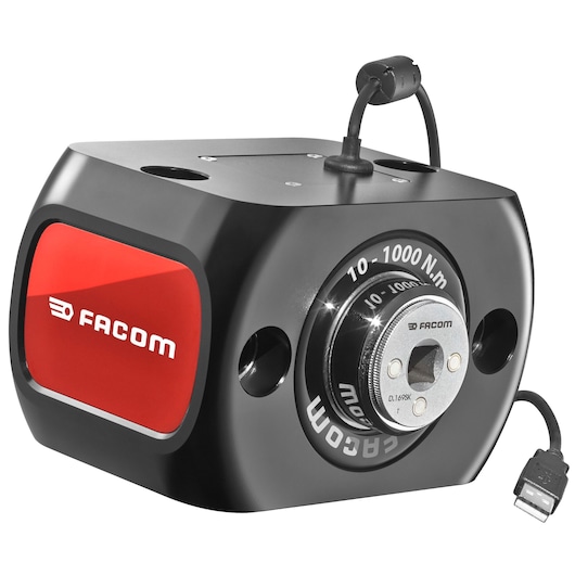 Facom E6000-C1000 electronic torque sensor, black and red, with USB cable, frontal angle, white background.