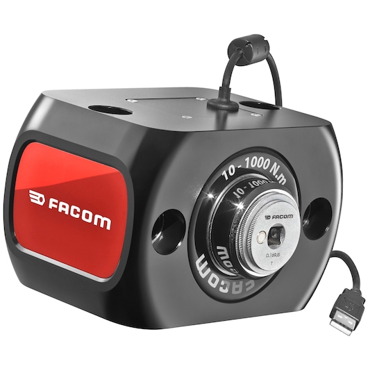 Facom torque sensor E6000-C1000, black and red, with digital display, USB cable, front angle.