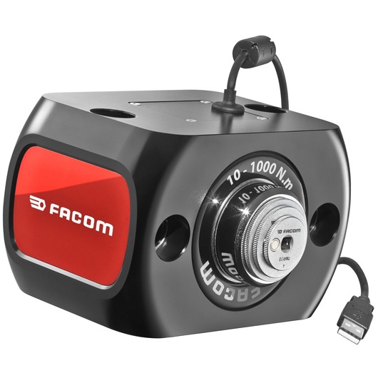Facom E6000-C1000 photography of electronic torque sensor, black and red, USB cable, front angle.