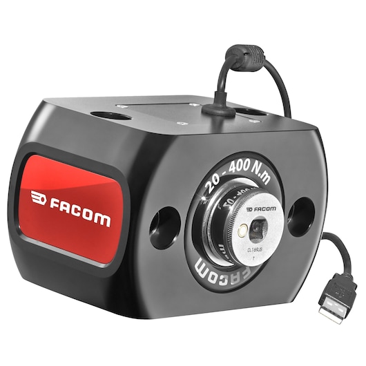 Facom E_6000-C400 torque sensor with display, USB cable, black and red housing, front angle.