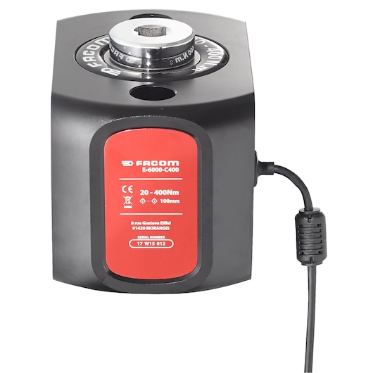 Photo of Facom E_6000-C400 electronic torque sensor in black with red label, showing front and top angle.