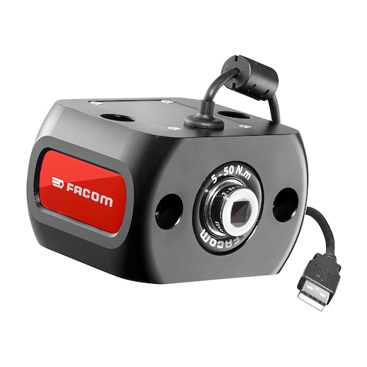 Facom E6000-C50 torque sensor with USB connector, black casing, red Facom logo, product photography, front angle