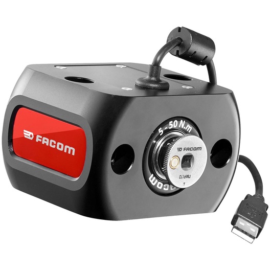 Facom E6000-C50 torque sensor, black and red, USB cable, product photography on white background.