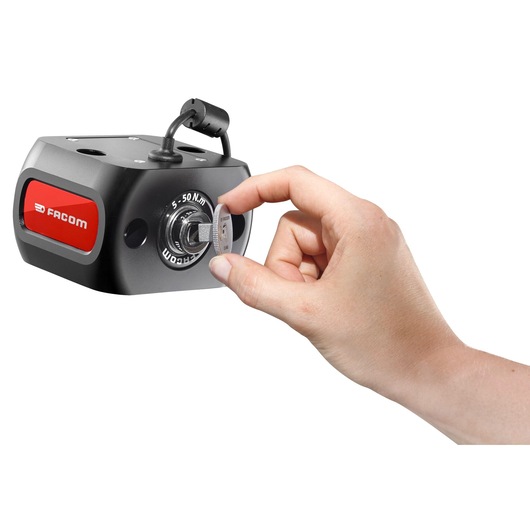 Photo of Facom E6000-C50 torque sensor device with hand adjusting setting, side angle on white background.