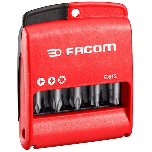 Facom red compact screwdriver bit set with six bits in a plastic holder, front angle, E_611.