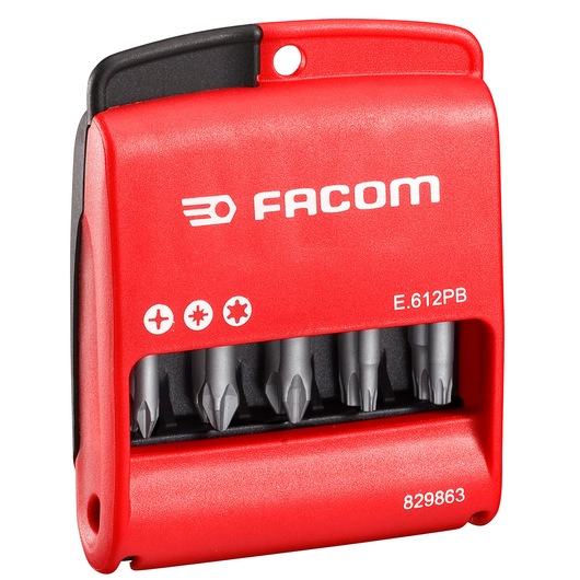 Facom E612PB red screwdriver bit set case with six bits, front angle on white background.