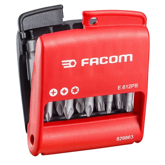 Facom E612PB red bit set with visible assorted screwdriver bits in compact plastic case, front angle.