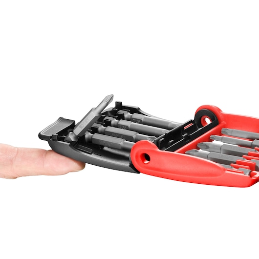 Facom E612PB photography of compact red and black bit set case shown open with screwdriver bits.