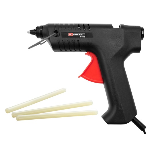 Facom E900B black glue gun with red trigger and three glue sticks, product right side view.