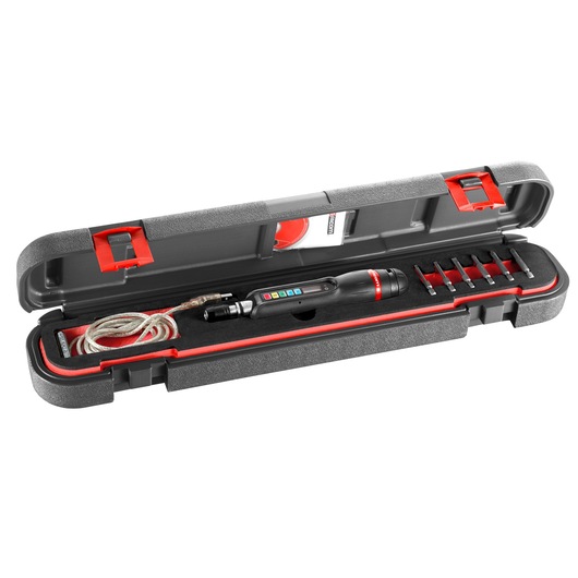 Facom E_S404J1 electronic torque screwdriver set in black hard case, front angle.