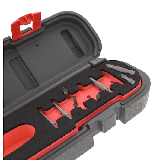 Facom E_S404J1 photography of open black and red case with assorted screwdriver bits, angled view.