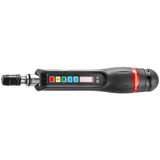 Facom E_S404 digital torque screwdriver, black with colored control buttons, side view on white background.