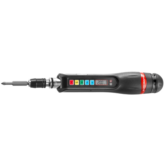 Facom E_S404 electronic torque screwdriver with digital display and colored buttons, side angle on white background.