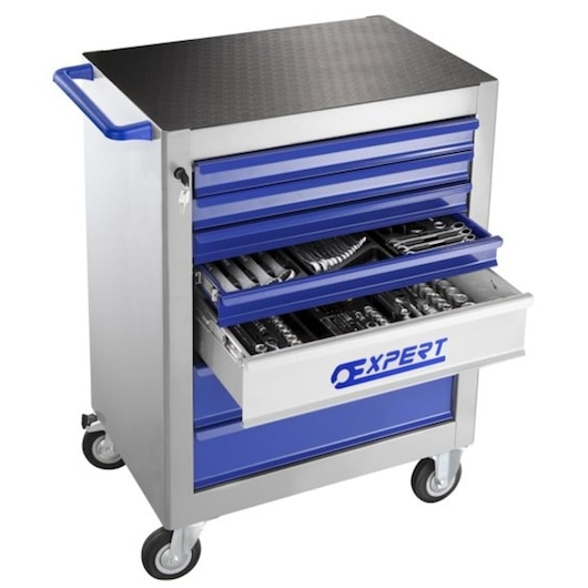 Facom E010115 tool cabinet with blue drawers, tools inside, and wheels, side handle, front angle.