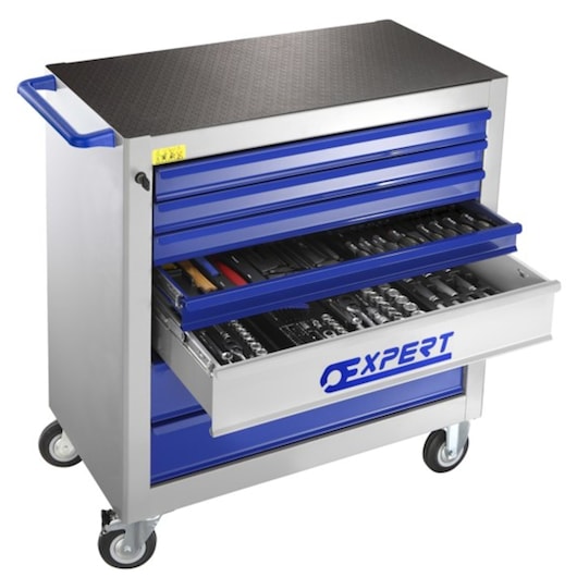 Facom E010161 mobile tool chest with blue drawers, opened to show assorted tools, front angle.