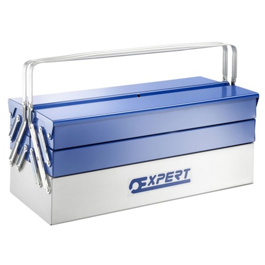 Facom E010201 metal toolbox with blue lid, silver body, and handles, front angle on white background.