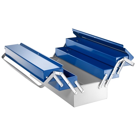 Facom E010201 blue metal cantilever toolbox with silver handle, angled view, on white background.