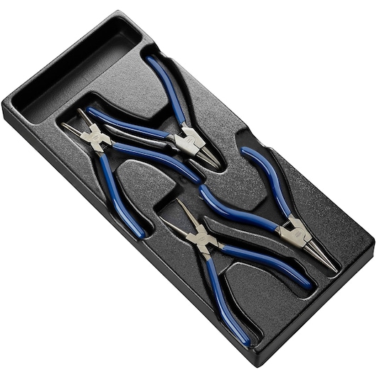 Facom E010503 pliers photography, four blue-handled pliers in black tray, top angle.