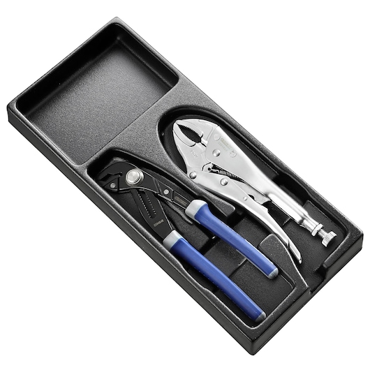 Facom E010504 photography of pliers and locking pliers set in black tray, front angle.