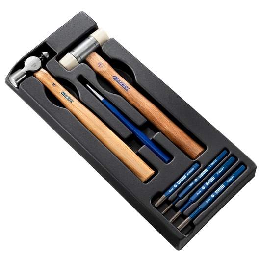 Facom E010507 photography of tool set with wooden-handled hammers and blue punches in black tray, top view.
