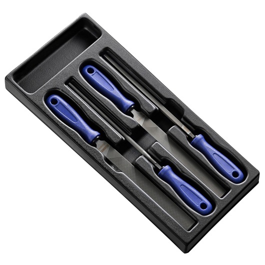 Facom E010514 set of four metal files with blue handles in a black tray, top angle on white background.