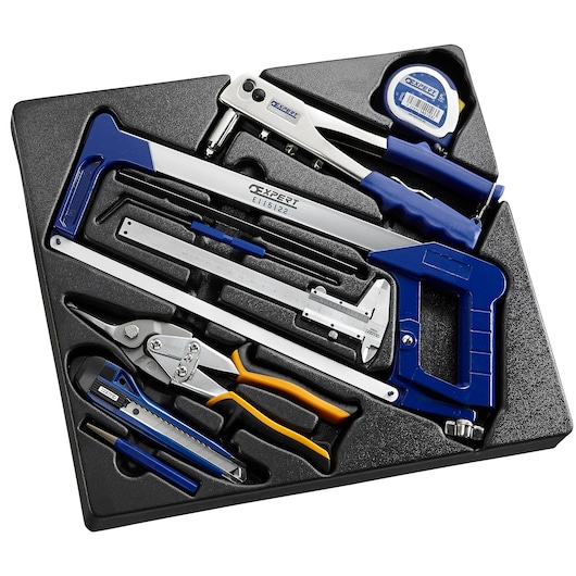 Facom E010519 photography of tool set with blue handles, including saw, pliers, tape measure and utility knife.