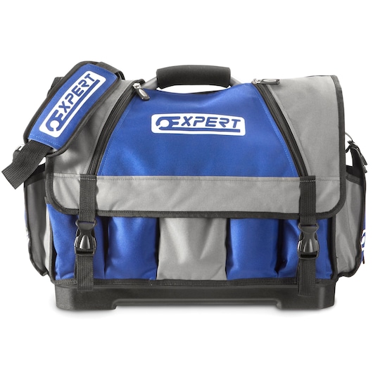 Facom E010601 blue and gray tool bag with shoulder strap, front angle on white background.