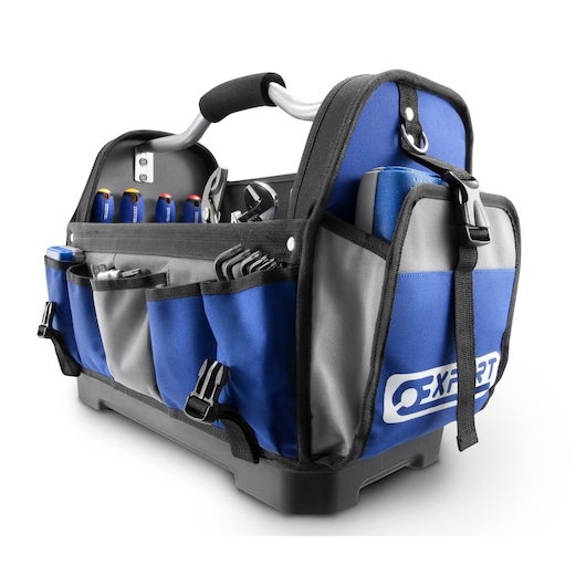 Facom E010601 blue and gray tool bag filled with hand tools, side angle on white background.