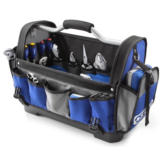 Facom E010601 tool bag with blue and gray pockets, filled with assorted hand tools, front angle photo.