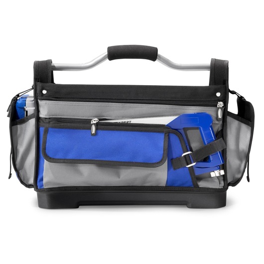 Facom E010601 tool bag, gray and blue, front angle, with zip pocket and hand tools visible.