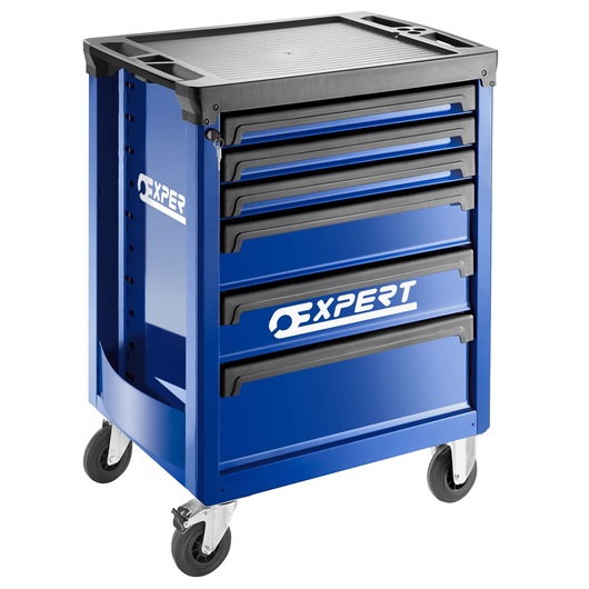 Facom E011206 blue rolling tool cabinet with five drawers, black handles, and side branding, front angle.