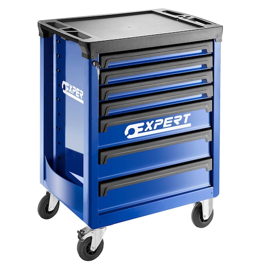 Facom E011207 blue tool trolley with six drawers, side logo, black top, and caster wheels, angled view.