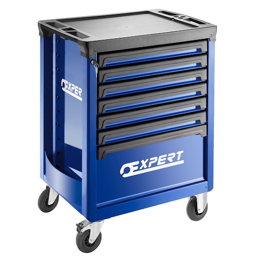 Facom E011208 blue tool storage trolley with seven drawers and caster wheels, front angle, white background.