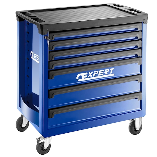 Facom E011209 blue tool chest with black top, six drawers, side view, on caster wheels.