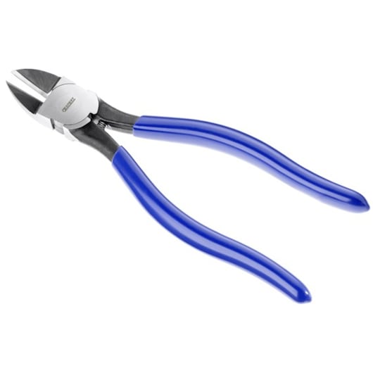 Facom E020308 diagonal cutting pliers with blue handles, three-quarter angle on white background.