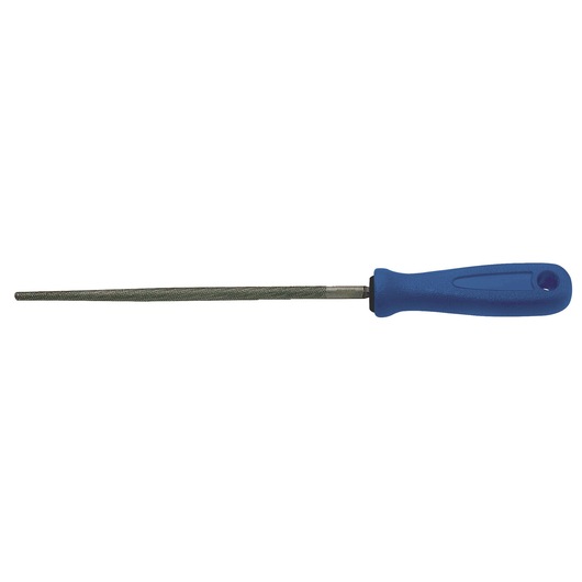 Facom E020607 round metal file with textured blade and blue plastic handle, side view, photography.