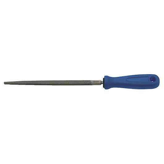 Facom E020609 hand file with blue handle, flat blade, side view on white background.