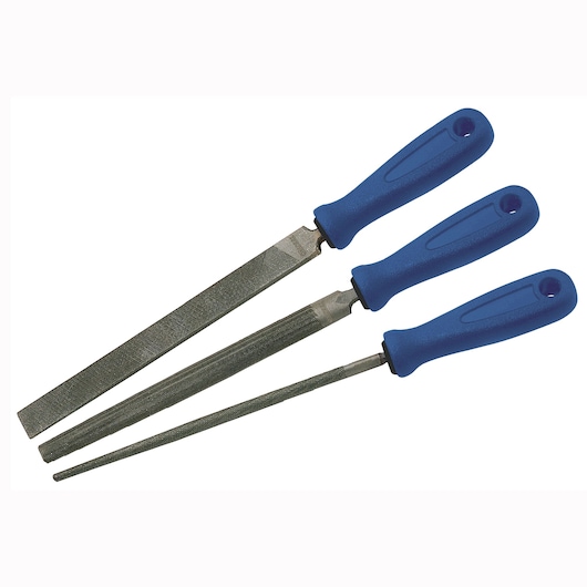 Facom E020612 set of three metal files with blue ergonomic handles, flat, round, and half-round types, top angle.