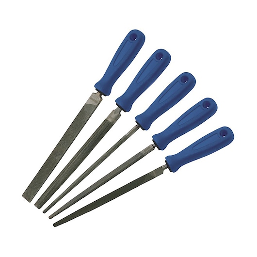 Facom E020613 photography of five metal files with blue handles, assorted shapes, top view, white background.