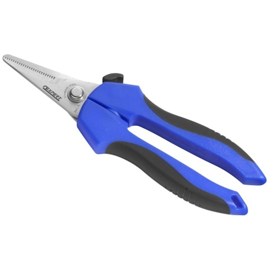 Facom E020901 blue and black precision scissors, angled view, with serrated stainless steel blades.