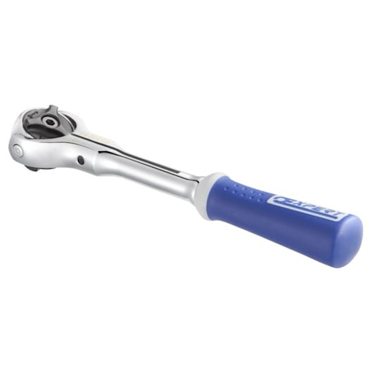 Facom E030602 ratchet wrench with blue handle, side angle on white background.