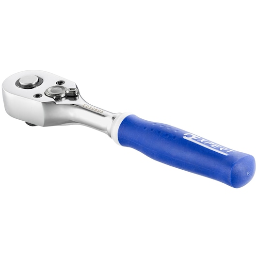Facom E030605 ratchet wrench with a blue ergonomic handle, side angle on white background.