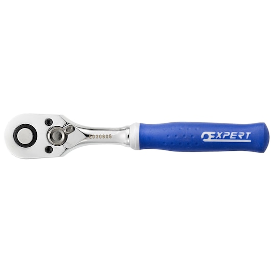 Facom E030605 ratchet wrench with blue Expert handle, product photography, white background, top view.