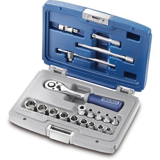 Facom E030700 socket and ratchet set in blue and gray hard case, various sockets and accessories, top-down angle.