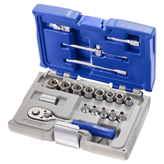 Facom E030700 socket and ratchet set in blue and grey plastic case, top view on white background.