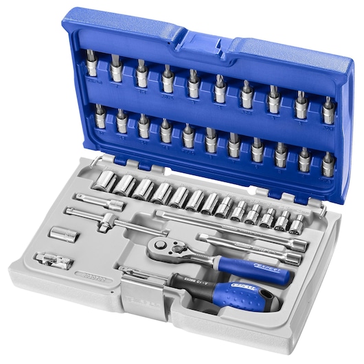 Facom E030702 socket and bit set with blue case, assorted chrome sockets, bits, ratchet, screwdriver on white background.